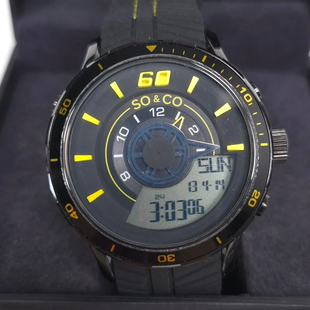 SO & CO NY New Mens Watch Analog Digital Black Yellow Sport 100M Water Resistant